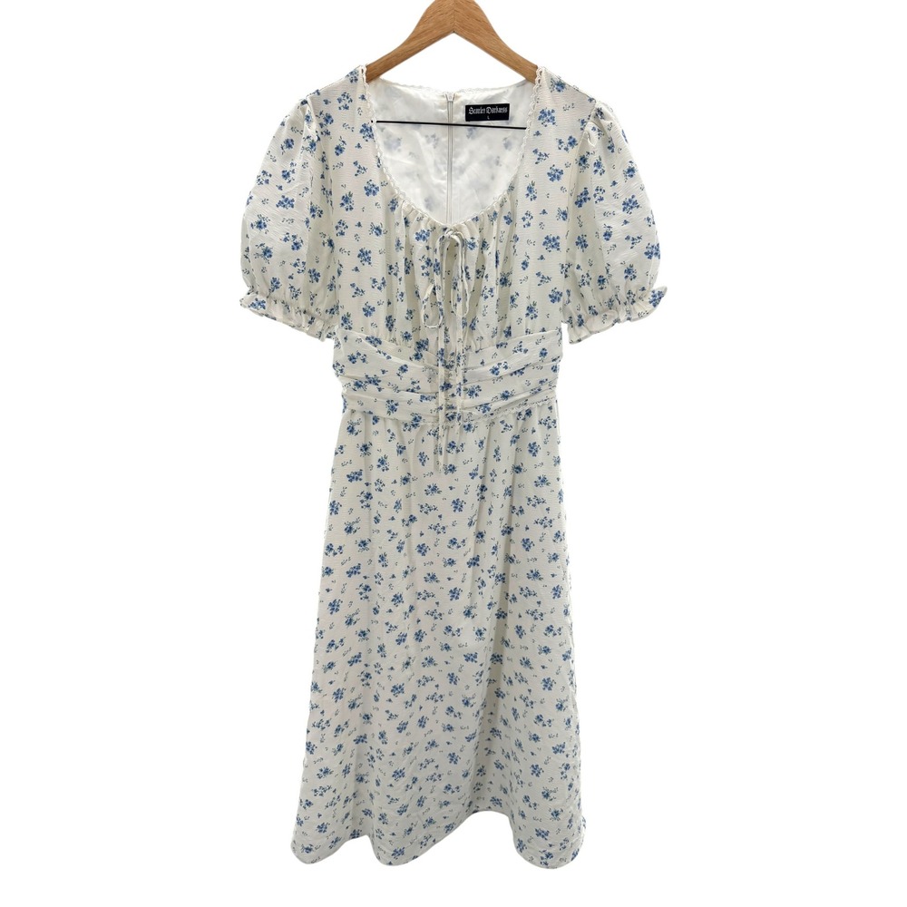 Scarlet Darkness‎ Dress L White Blue Floral Puff Sleeve Milkmaid Cottagecore